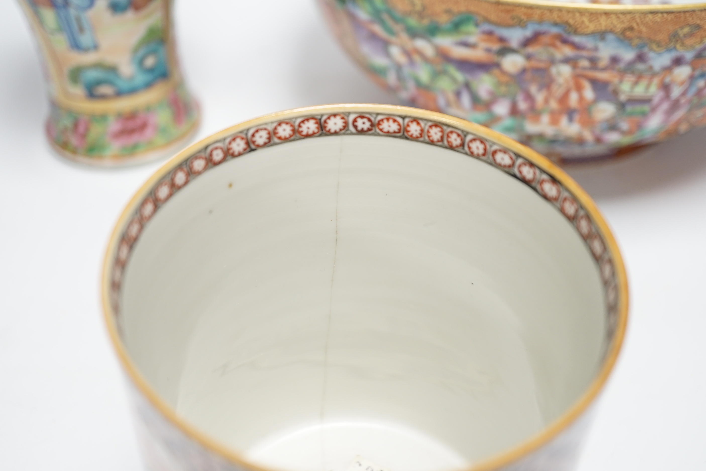 An 18th century Chinese Mandarin pattern bowl and mug, and a 19th century Canton famille rose vase and cover (3), vase and cover 30cm high